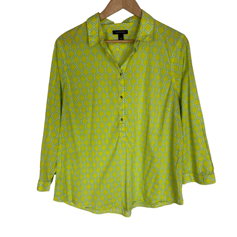 Lands End‎ Blouse Womens Size 16 Yellow Green Tunic Long Sleeve Geometric Boho